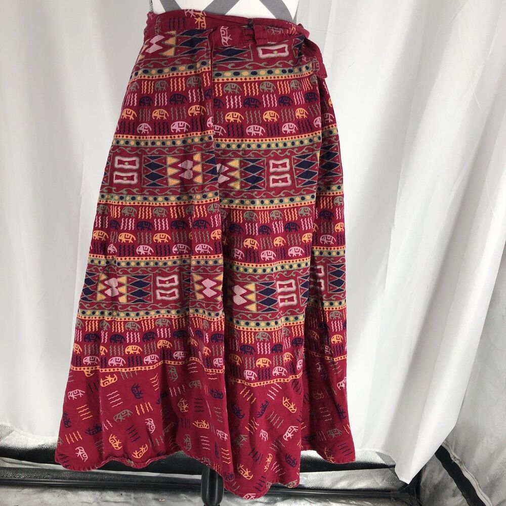 African Print Long Wrap Skirt M Red Tribal Ethnic